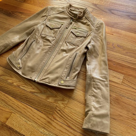 Michael Kors Tan Leather Motorcycle Jacket Size Small - Picture 3 of 15